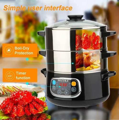 Vista 4 de Secura Vaporizador eléctrico de alimentos, cestas apilables de doble nivel con temporizador, 1200 W, calentamiento rápido, acero inoxidable