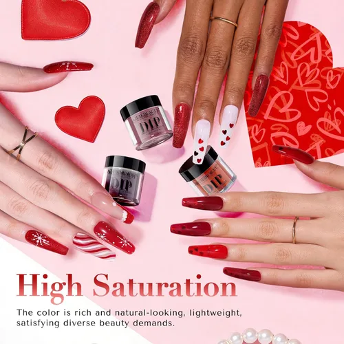 Vista 3 de AZUREBEAUTY - Juego de uñas en polvo para inmersión, rojo navideño, borgoña, rosa, baya, brillo, blanco, plata, purpurina, 6 colores, kit