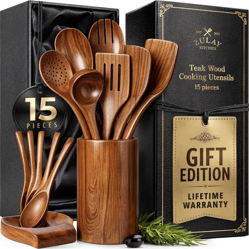 Vista 14 de Zulay Kitchen Juego de 5 cucharas de madera extragrandes - Utensilios de cocina de teca lisa - Cucharón, espátula, espumadera, tenedor, cuchara