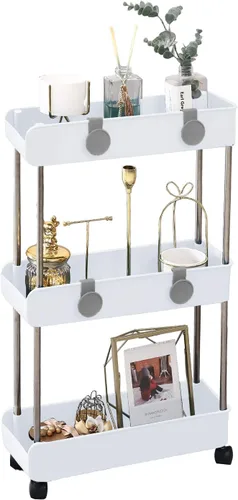 Vista 7 de Melody House - Estantería móvil delgada de 3 niveles sobre ruedas, organizador de almacenamiento de baño rodante, carrito de utilidad, estante