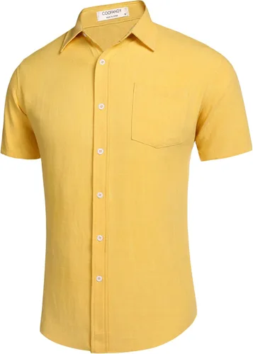 Vista 3 de COOFANDY - Camisa de lino de manga corta con botones estilo informal para hombre, para la playa