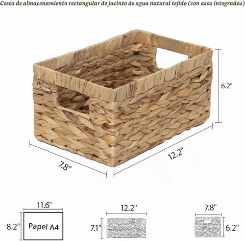 Vista 8 de Caja de cesta tejida de jacinto de agua natural rectangular con asa, Kingwillow. (Pequeño)
