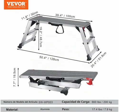 Vista 7 de VEVOR Plataforma de Trabajo Plegable, Escalera Taburete de Paneles de Yeso de Aluminio de 40x12x20 Pulgadas, Capacidad de Carga de 660 lbs Banco