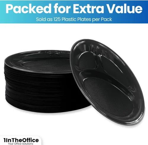 Vista 4 de Platos seccionales de plástico de 10 pulgadas con 3 compartimentos, platos desechables con compartimento, placas seccionales redondas negras de 10