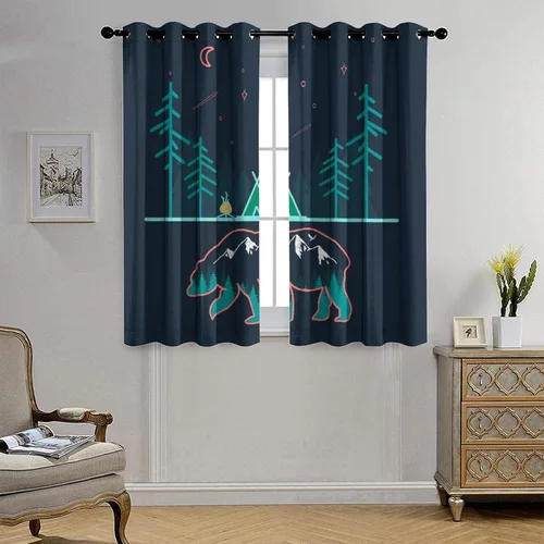 Vista 4 de Cortinas abstractas con estampado de cámper de caricaturas, divertido tema de aventura, campamento, montañas, vida silvestre, oso, tratamiento