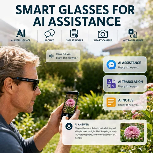 Vista 5 de Gafas Inteligentes con Cámara, Gafas AI, Gafas Bluetooth, Lentes Reemplazables, Batería de 48H para Viajes, Conferencias y Vlogging. Traducción