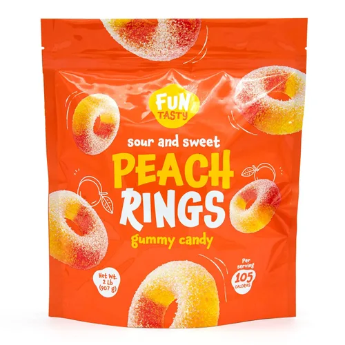 Vista 4 de Peach Rings – Bolsa de 2 libras – Gomitas de durazno – Dulces agridulces para oficina, aperitivos, decoración de postres y bolsas de golosinas