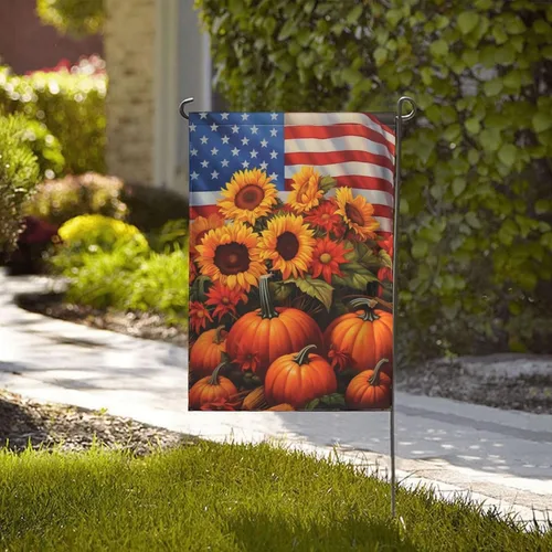 Vista 4 de Bandera de Estados Unidos, calabazas y girasoles, bandera de jardín, otoño, vacaciones, bienvenida, patio, granja, exteriores, banderas decorativas