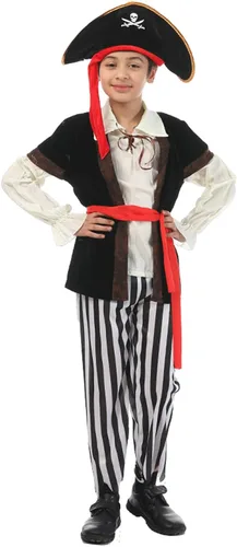 Vista 4 de TICIFEN Disfraz de pirata para niños, juego de rol de pirata, abrigo para niños, pantalones, sombrero con accesorios, juego de lujo para fiesta