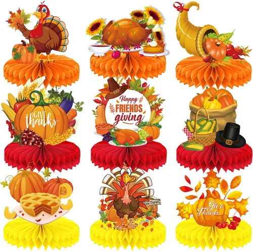 Vista 10 de Centro de mesa de Acción de Gracias, 9 piezas, decoración de mesa de otoño, calabaza, pavo, panal, Acción de Gracias, centro de mesa para decoración