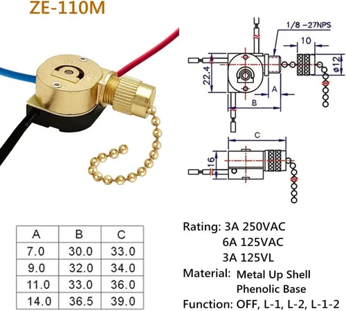 Vista 2 de Interruptor de ventilador de techo Zing Ear ZE-110M Interruptor de luz de cadena de tracción de 3 alambres Interruptor de ventilador de velocidad