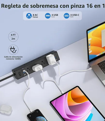 Vista 2 de Estación de carga rápida de 40 W, regleta de alimentación con abrazadera de escritorio 20 W USB C, 8 tomacorrientes, 8 puertos USB, 4 USB C y 4 USB