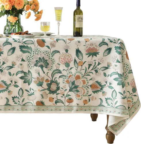 Vista 10 de [Usado] patdrea Mantel largo de lino de diseño verde para mesa rectangular, mantel vintage transpirable con patrón de frutas amarillas, funda