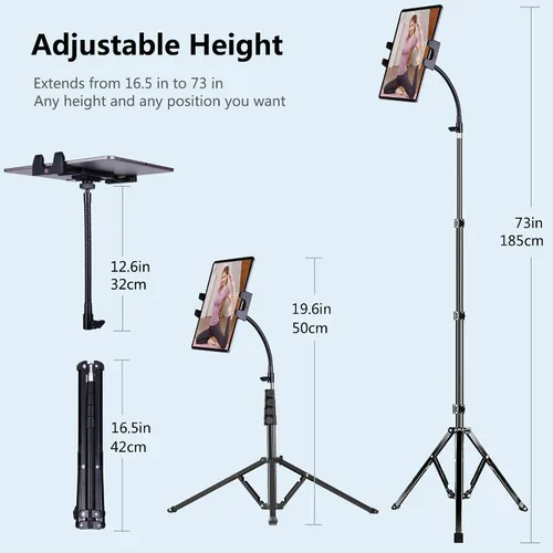 Vista 4 de Trípode para iPad y teléfono de 73 pulgadas con cuello de cisne para tablet con control remoto para tabletas de 3.5 a 15 pulgadas, iPhone, iPad Pro
