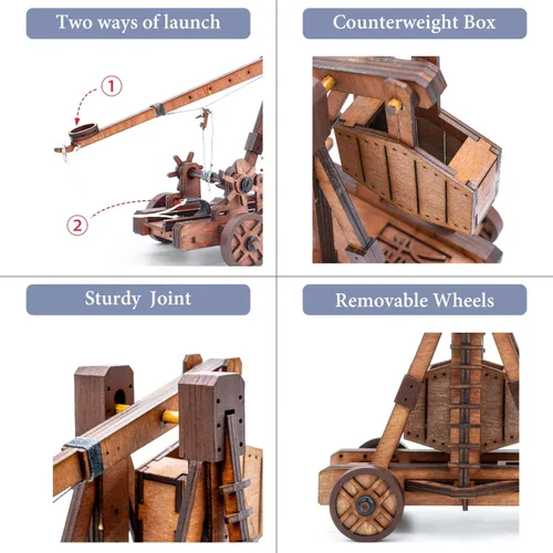 Vista 4 de Toystub - Rompecabezas de madera en 3D para bricolaje para adultos, kit de construcción de modelo de catapulta de trebuchet, kit de ingeniería