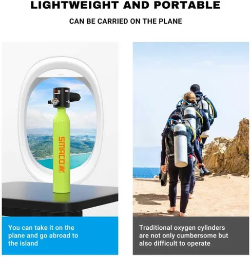 Vista 5 de SMACO S300 Mini Scuba Tank Handheld Diving Lung Air Tank 0.5L Aluminum Pony Bottle, Compact & Lightweight, for Recreational Diving, Pool Training