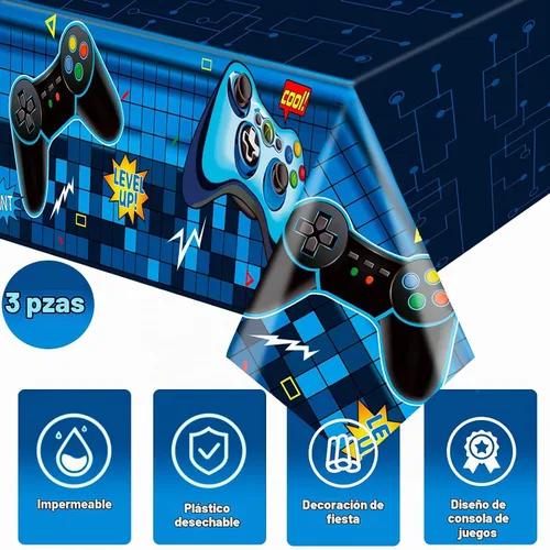 Vista 3 de Mantel rectangular de videojuegos, 3 piezas de plástico PE azul