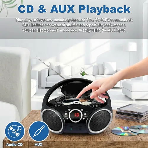 Vista 3 de SINGING WOOD 030C Reproductor de CD portátil Boombox AM FM Radio de sintonización analógica, línea auxiliar, conector para auriculares, asa