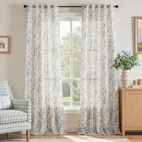 Vista 25 de Jinchan Cortinas de Mezcla de Lino con Estampado Floral para Sala de Estar, 84 Pulgadas de Largo, Cortinas con Bolsillo para Varilla y Tab Trasera