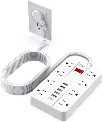 Vista 8 de Extensión de 3.05 m con protector contra sobretensiones, SMNICE Regleta de alimentación con enchufe plano de 8 tomas ampliamente espaciadas y 6