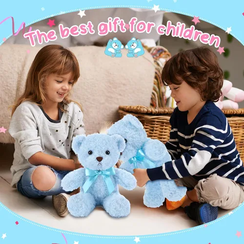 Vista 6 de HyDren 24 piezas de animales de peluche de oso a granel para niños de 10 pulgadas, juguete para dormir y jugar, animales preescolares con lazo, Azul