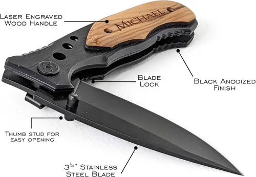 Vista 2 de Cuchillo de bolsillo con mango de madera grabado personalizado - Regalo personalizado para hombres