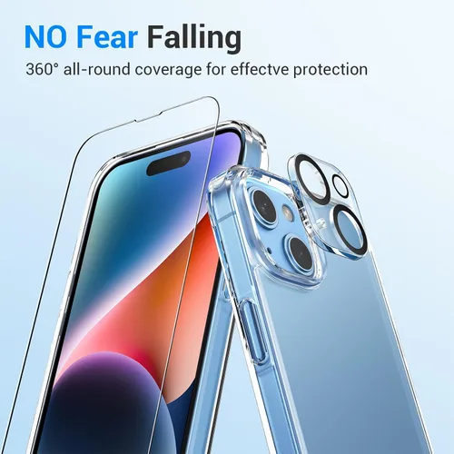 Vista 5 de AVEN Funda 5 en 1 para iPhone 15, con 2 protectores de pantalla de vidrio templado + 2 protectores de lente de cámara, funda de teléfono de 6.1