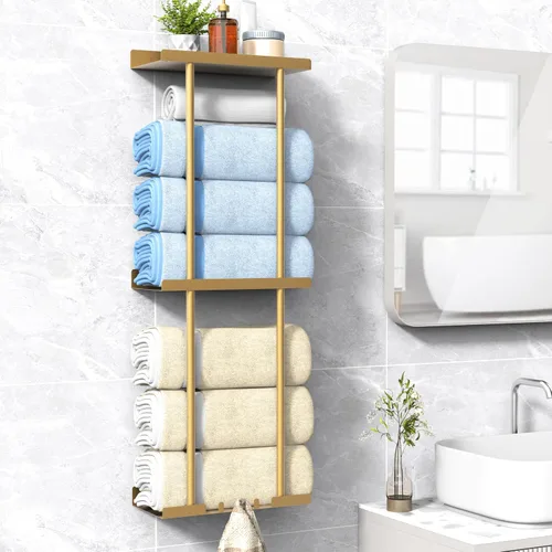 Vista 11 de Liuoud Toallero para Baño, Organizador Portador de Almacenamiento de Toallas Enrolladas Vertical Montado en la Pared con Estante, Sostiene Hasta 6