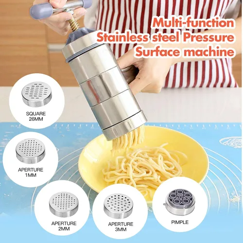 Vista 2 de Prensa manual de fideos de acero inoxidable, manivela de mano, máquina de prensa de masa de fettuccine para fideos, máquina de pasta con 5 moldes