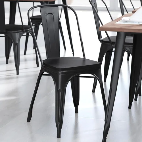 Vista 3 de BizChair Juego de 4 asientos de madera de poliresina, poliestireno negro, bordes redondeados para mayor comodidad, para sillas y taburetes de metal