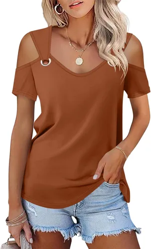 Vista 24 de Minetom - Camisetas básicas de verano para mujer, de manga corta, con hombros descubiertos y cuello en V