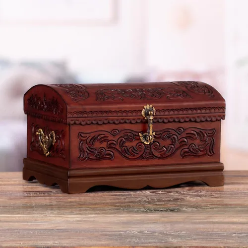 Vista 2 de NOVICA Caja de joyería de madera y cuero labrado Mohena con temática colonial, legado colonial