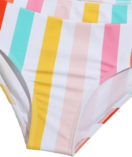 Vista 4 de SheIn Conjunto de tankini de cintura alta a rayas para niña con cuello redondo, traje de baño de dos piezas