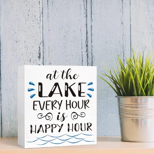 Vista 6 de Letrero de madera con texto en inglés "Lake Every Hour is Happy Hour", decoración de escritorio para el hogar, dormitorio, oficina, escritorio