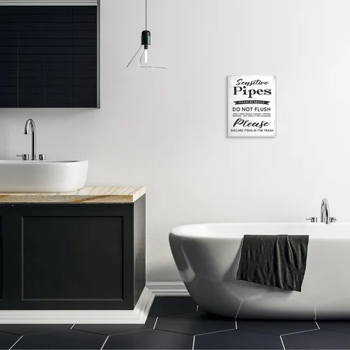 Vista 3 de Stupell Industries Lil' Rue - Placa artística de pared con texto en inglés "Sensitive Pipes Sign Flushing Restrictions", 10 x 15 pulgadas, fácil