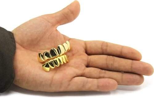 Vista 4 de Dentadura para maxilar inferior o superior, calce personalizado, enchapada en oro 14K, estilo Hip Hop