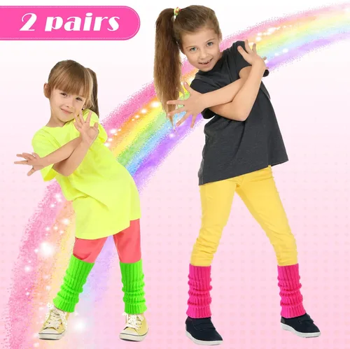 Vista 4 de Loopeer 2 pares de calentadores de piernas neón de los años 80 para niñas y niños pequeños, calcetines de pierna acanalada para fiesta de los años
