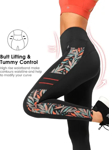 Vista 3 de Yvette Leggings de entrenamiento estampados para mujer, pantalones de yoga de cintura alta con 2 bolsillos que no se transparentan