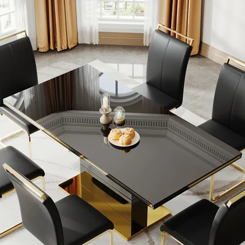 Vista 7 de Mesa de comedor moderna negra para 6 personas, mesa de cocina rectangular de 63 pulgadas con acabado lacado dorado y base de pedestal de acero