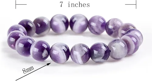 Vista 2 de OLARCU Pulsera elástica ajustable unisex con cuentas de cristal de amatista y poder curativo natural de 7 pulgadas, unisex.