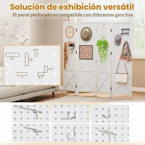 Vista 4 de Giantex Divisor de ambientes de 4 paneles, pantalla de privacidad plegable de granja de 4.7 pies, soporte de madera maciza para manualidades