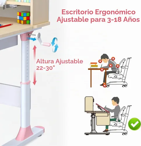 Vista 5 de FCD Mesa de estudio ergonómica multifunción de madera ajustable para niños, mesa de dibujo y estación de computadora con estante para libros