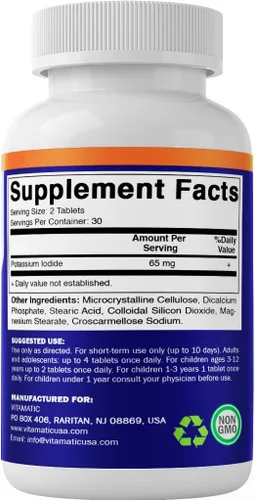 Vista 7 de Vitamatic Yoduro de potasio 65 mg por porción – 60 tabletas – Apoyo tiroideo – píldoras KI (60 unidades (paquete de 1))