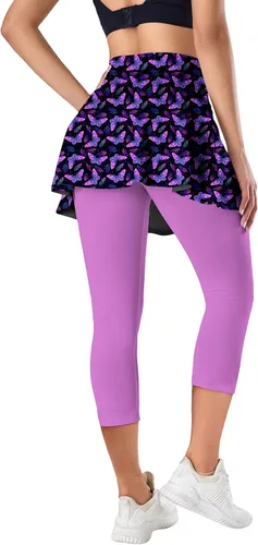 Vista 4 de QINGXUN Leggings con falda para mujer, leggings con falda de tenis con bolsillo, leggings de yoga con faldas, faldas atléticas de golf