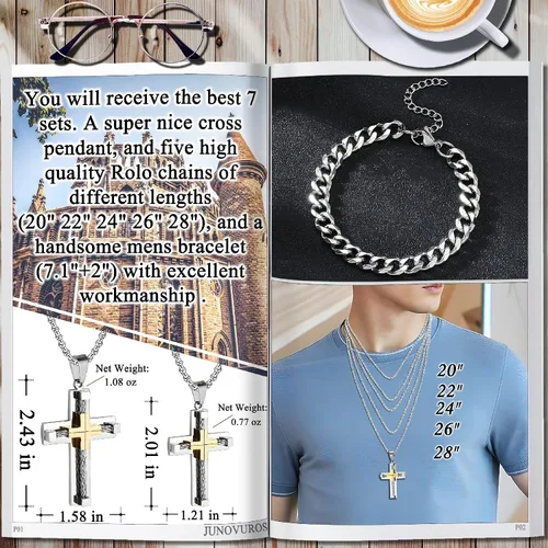 Vista 2 de JUNOVUROS Juego de collar de cruz para hombre grande y pequeño con 5 cadenas Rolo y 1 pulsera cubana, regalo de joyería religiosa con cruz