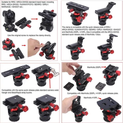 Vista 9 de iShoot Convertidor de abrazadera adaptadora compatible con Manfrotto 200PL 410PL, Arca-Swiss Fit Placa de liberación rápida y cabezal de trípode
