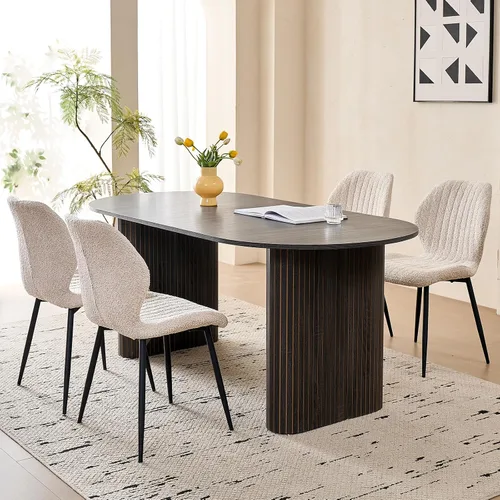 Vista 19 de Juego de 4 mesas de comedor grandes de 63 pulgadas para 4, esquinas redondeadas, mesa de cocina rectangular moderna de madera con sillas Boucle