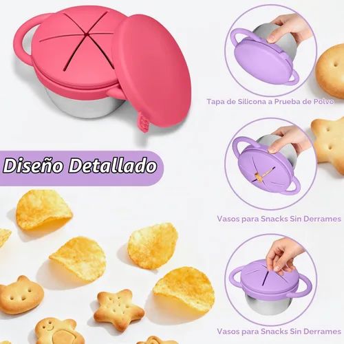 Vista 3 de 2 Pack de contenedores de aperitivos para bebé de acero inoxidable para niños con tapas y asas de silicona a prueba de derrames de grado alimenticio