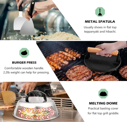 Vista 6 de HaSteeL Kit de 18 accesorios para plancha, herramientas Teppanyaki para cocinar a la parrilla de campamento, cúpula de fusión de acero inoxidable