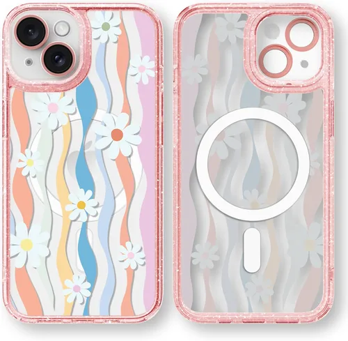 Vista 91 de Compatible para iPhone 13 Funda Bonita Estética - Funda para Teléfono Rosa con Purpurina con Protector de Cámara - Diseño de Cubierta